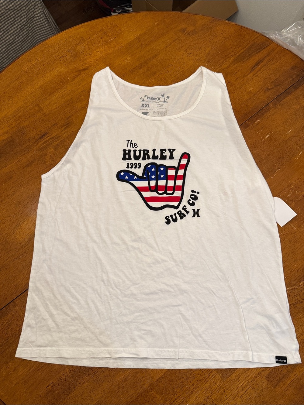 Hurley White Tank with Red, Blue & Black Americana Shaka Graphic xxl